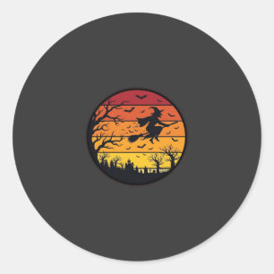 Halloween-Sonnenuntergang-Hexe-Silhouette Retro-Kr Runder Aufkleber