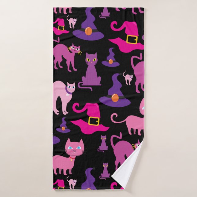 Halloween sorcière effrayante chat noir violet déc (Serviette de bain)