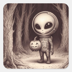Halloween Space Alien mit Jack-O-Lantern Quadratischer Aufkleber
