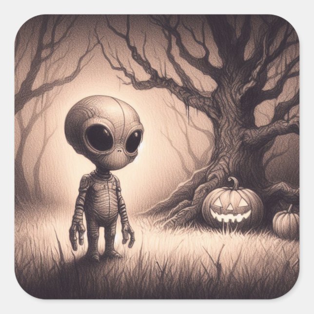 Halloween Space Alien mit Pumpkin Quadratischer Aufkleber (Vorderseite)