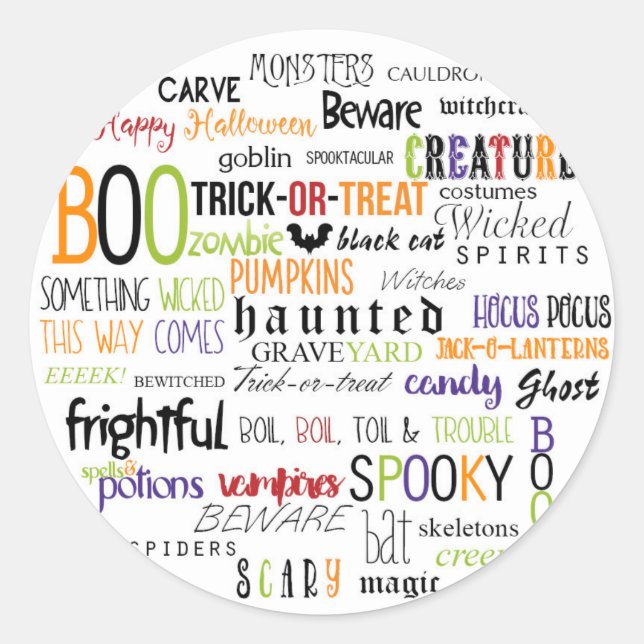 Halloween Spaß bunt Whimsical Words Leckerei Gunst Runder Aufkleber (Vorderseite)