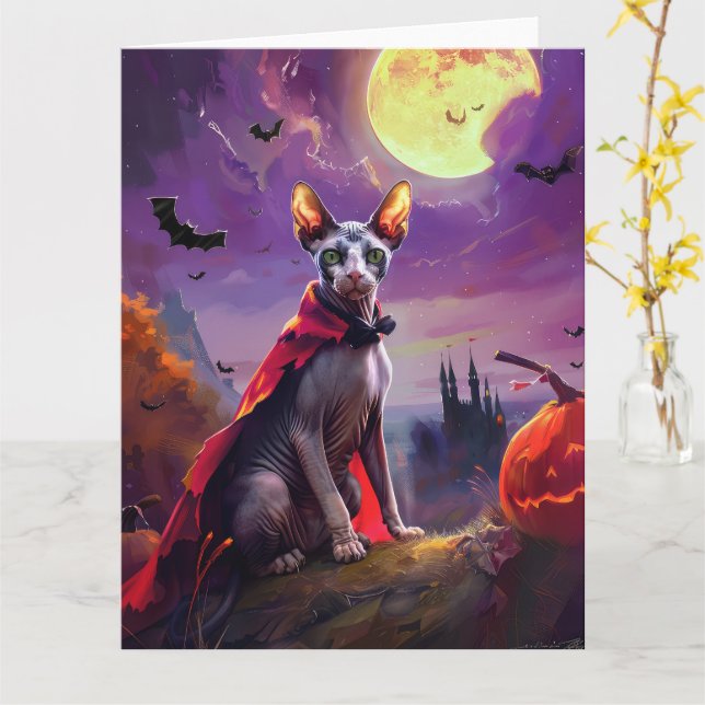 Halloween Sphynx Cat Vampire Pumpkins Beängstigend Karte (Gelbe Blume)