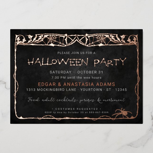 Halloween Spider Web Rose Gold Foil Einladung (Vorderseite)