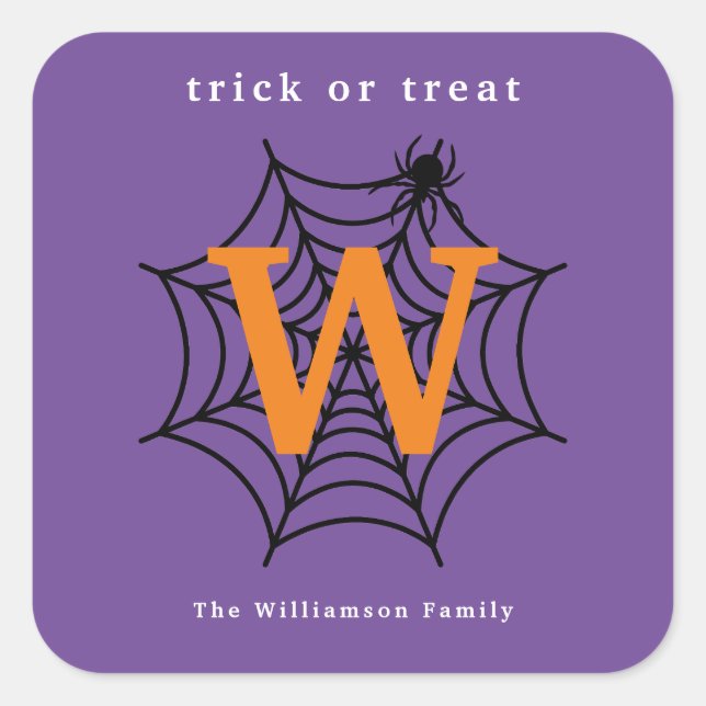 Halloween Spider Web Trick oder Treat Monogram Quadratischer Aufkleber (Vorderseite)