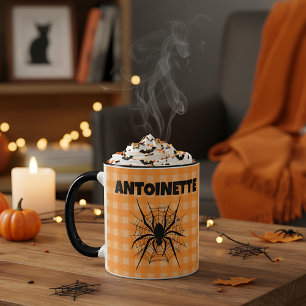 Halloween-Spinne im orange karierten Spinnennetz-K Tasse