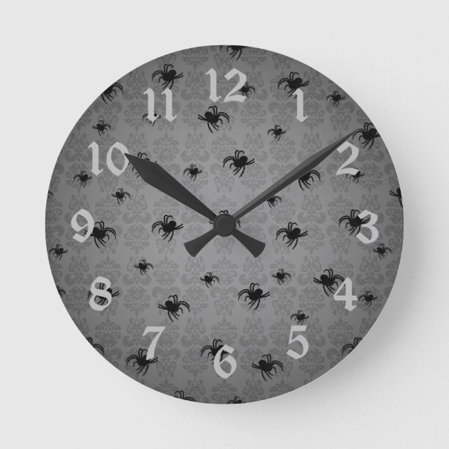 Halloween-Spinnen auf Grau verblaßten eleganter Runde Wanduhr (Vorderseite)
