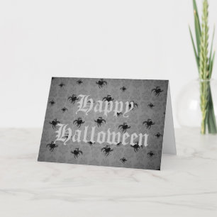 Halloween-Spinnen auf grauem, verblassem Damast Karte