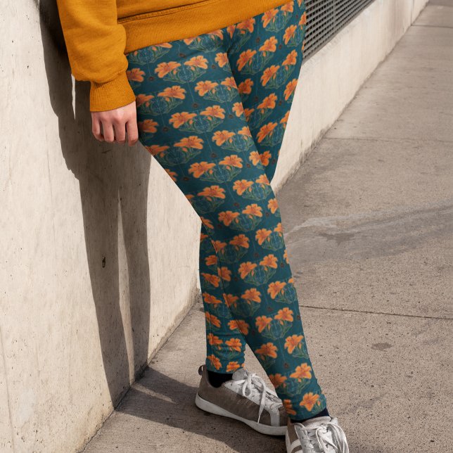 Halloween, Spinnen, Webs, Orangerlilie, Dunkler Wh Leggings (Halloween, Spiders, Webs, Orange Lily, Dark Whimsy Leggings - Small Pattern Repeat)