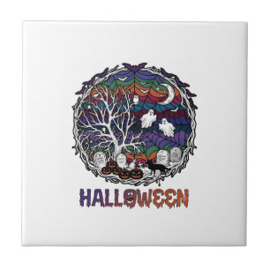Halloween Spinnennetz Baum Geister Kürbisse Grabst Fliese