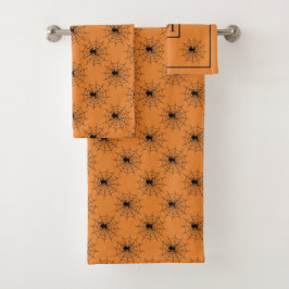 Halloween Spinnennetz schwarz, orange Monogramm Badhandtuch Set
