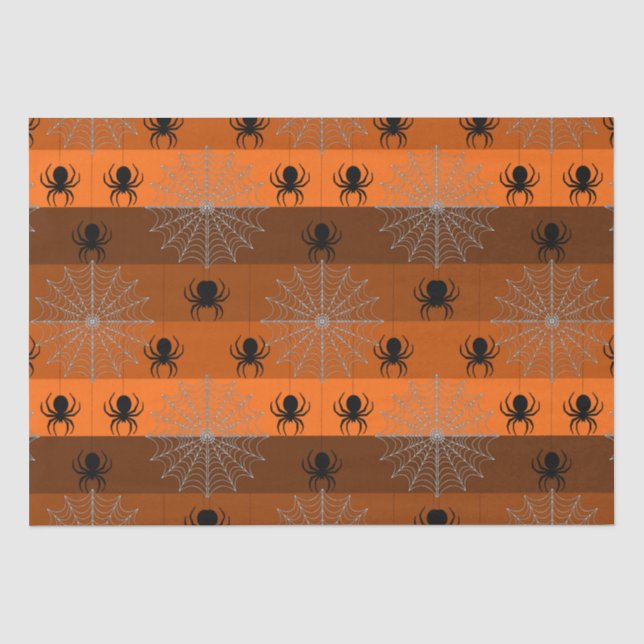 Halloween Spinnennetze mit Spinnen auf Orange. Seidenpapier (Vorderseite)