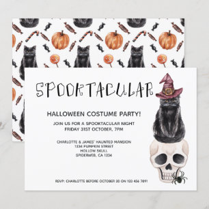 Halloween Spooktacular Black Cat auf dem Schädel Einladung