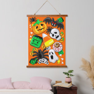 Halloween Spooky Candies Party Wandteppich Mit Holzrahmen