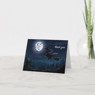 Halloween Spooky Hexe, die über einen Vollmond fli Dankeskarte