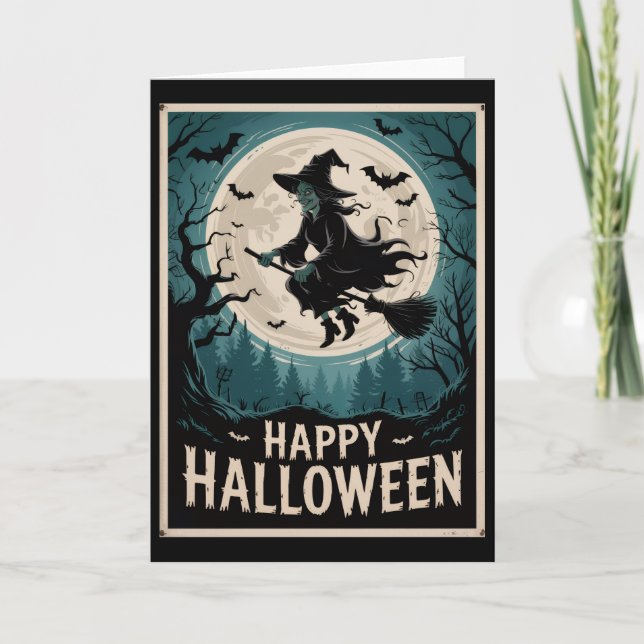 Halloween Spooky Hexe, die über einen Vollmond fli Karte (Vorderseite)