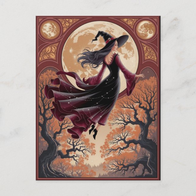 Halloween Spooky Hexe, die über einen Vollmond fli Postkarte (Vorderseite)