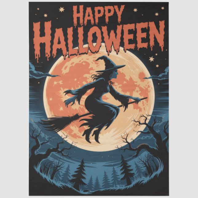 Halloween Spooky Hexe, die über einen Vollmond fli Seidenpapier (Vorderseite)