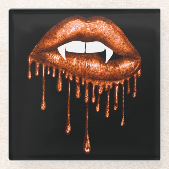 HALLOWEEN SPOOKY ORANGE DRIPPING VAMPIRE LIPS GLASUNTERSETZER (Vorderseite)