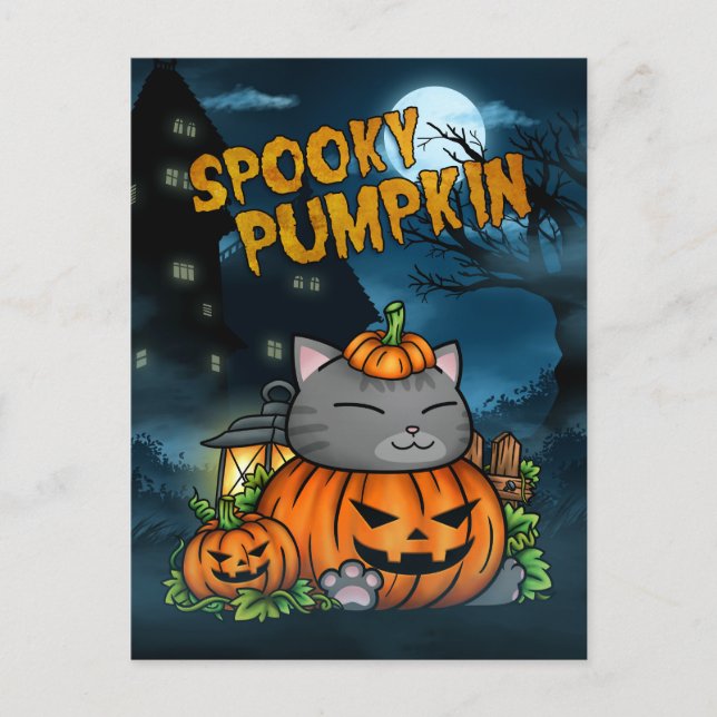 Halloween Spooky Pumpkin Cat Feiertagspostkarte (Vorderseite)