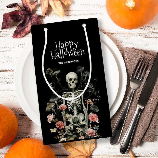 Halloween Spooky Skeleton Pink Floral Black Kleine Geschenktüte (Von Creator hochgeladen)