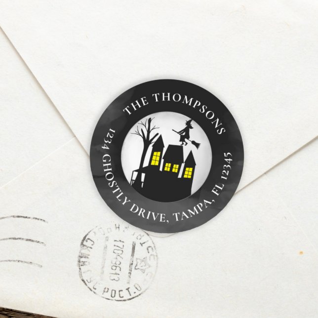 Halloween Spooky Spuk House Rücksendeadresse Runder Aufkleber (Von Creator hochgeladen)