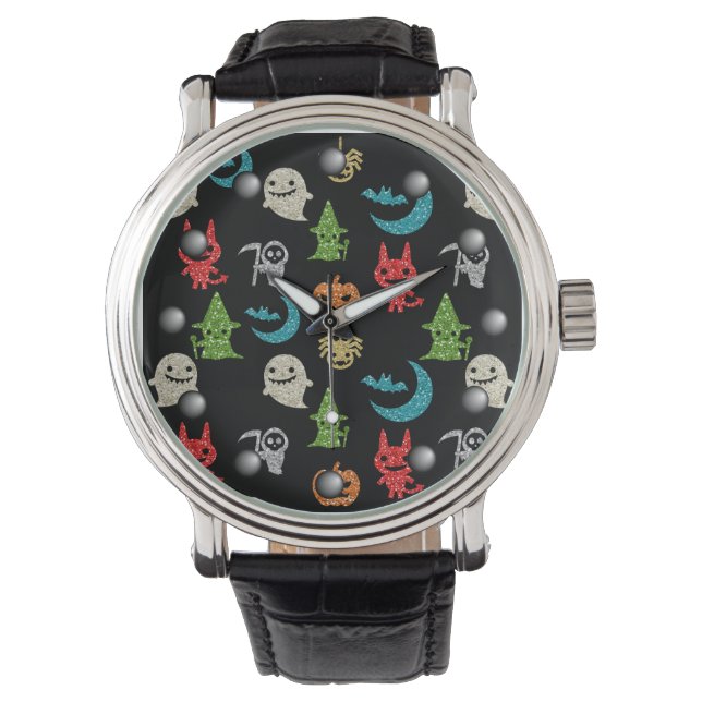 Halloween Spooky Süße Figuren Glitzer Collage Armbanduhr (Vorderseite)