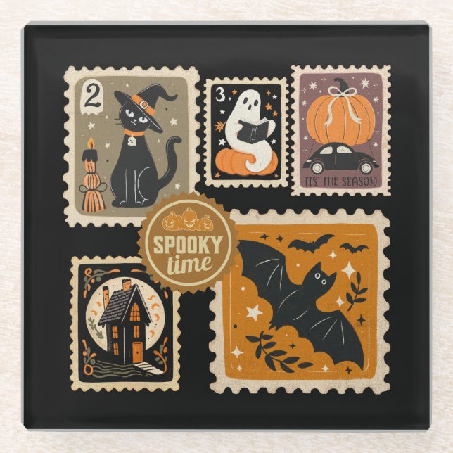 Halloween Spooky Time Postal Briefmarke Geister Ba Glasuntersetzer (Vorderseite)