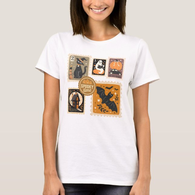 Halloween Spooky Time Postal Briefmarke Geister Ba T-Shirt (Vorderseite)