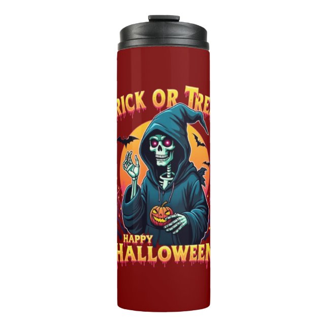 Halloween Spooky Vibes: Trick or Treat Skeleton Thermosbecher (Vorderseite)