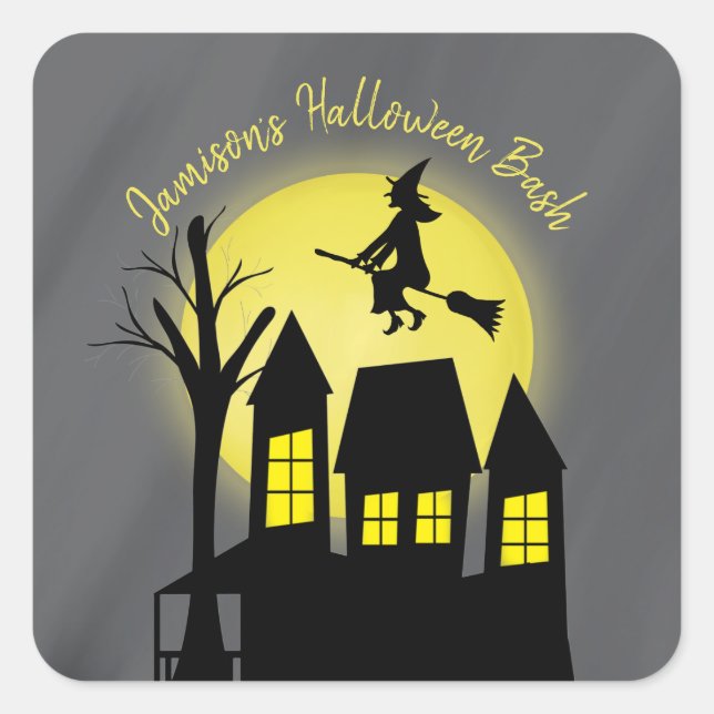 Halloween Spooky Witz Broomstick Moonlight Quadratischer Aufkleber (Vorderseite)