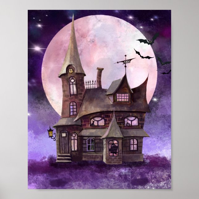 Halloween Spuk Haus mit Mond- und Flechtmauer Art Poster (Vorne)