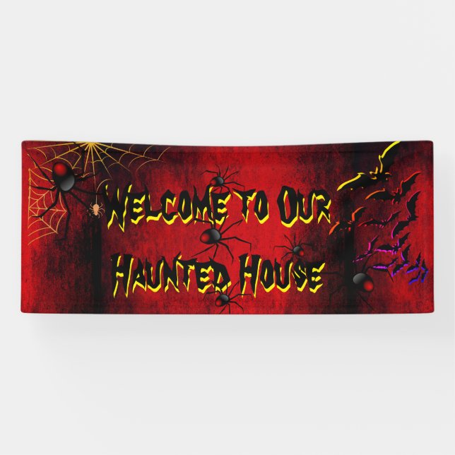 Halloween Spuk Hausspinnen Fledermäuse Rot Banner (Horizontal)
