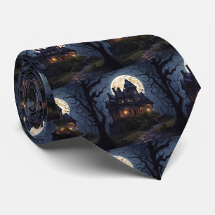 Halloween Spuk Herrenhaus mit Mond Krawatte