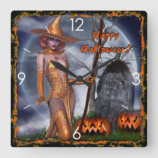 Halloween Spuk Hexenkürbis Quadratische Wanduhr (Vorderseite)