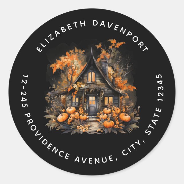Halloween Spuk House mit Pumpkins-Adresse Runder Aufkleber (Vorderseite)