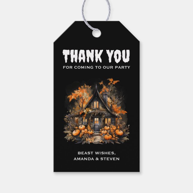Halloween Spuk House mit Pumpkins Danke Geschenkanhänger (Vorderseite)