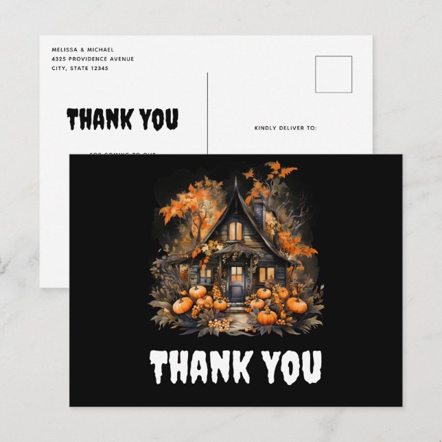 Halloween Spuk House mit Pumpkins Danke Postkarte (Vorne/Hinten)