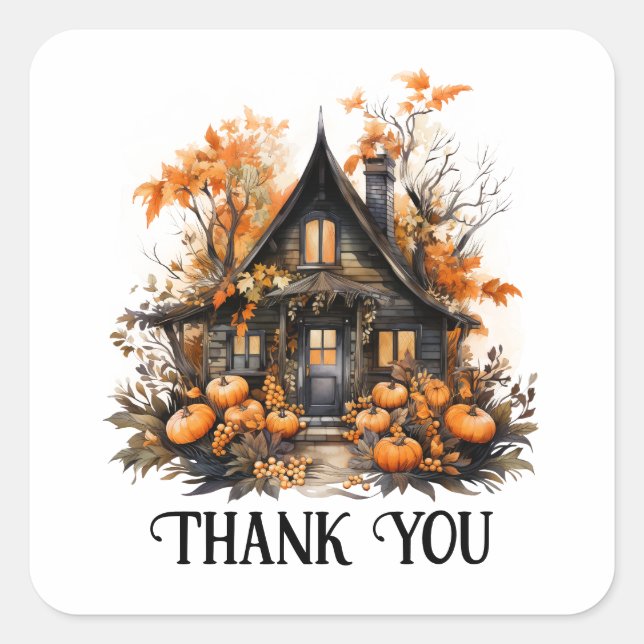 Halloween Spuk House mit Pumpkins Danke Quadratischer Aufkleber (Vorderseite)