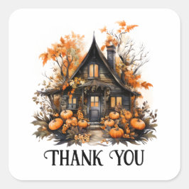 Halloween Spuk House mit Pumpkins Danke Quadratischer Aufkleber