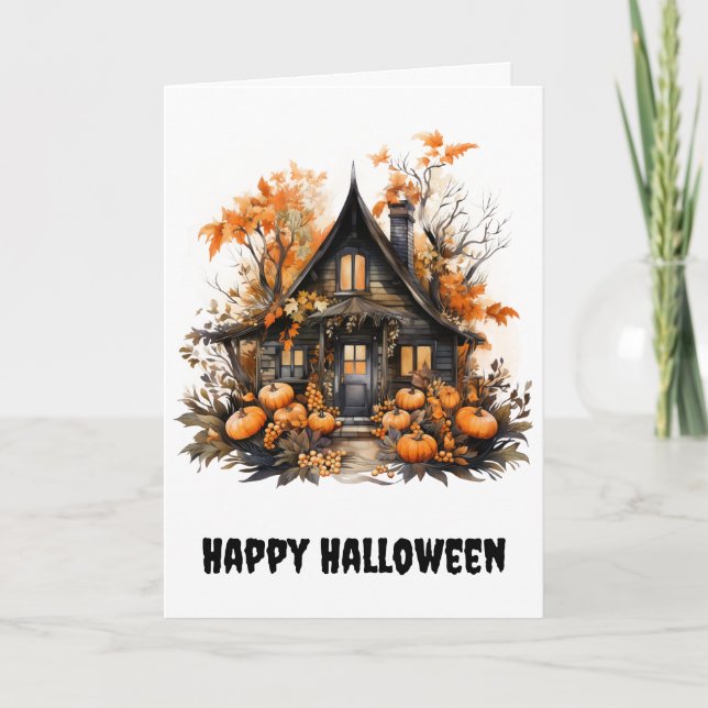 Halloween Spuk House mit Pumpkins & Foliage Karte (Vorderseite)