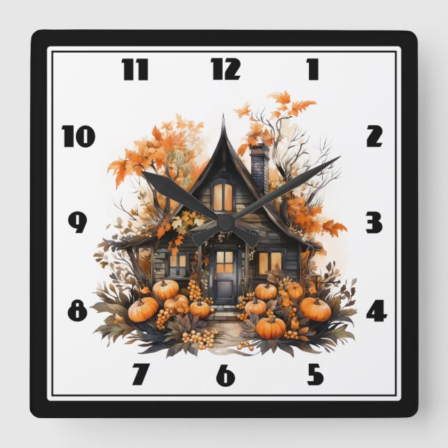 Halloween Spuk House mit Pumpkins & Foliage Quadratische Wanduhr (Vorderseite)