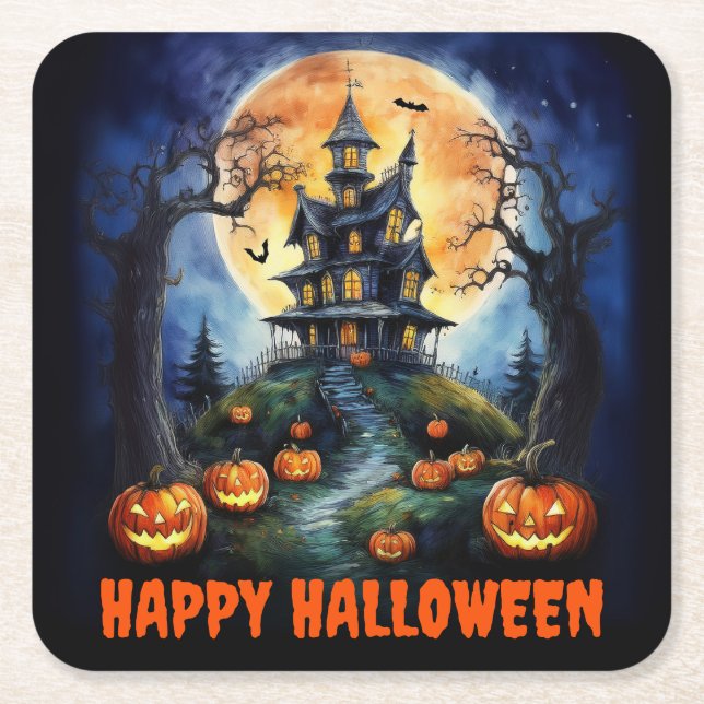 Halloween Spuk House mit Pumpkins Party Rechteckiger Pappuntersetzer (Vorderseite)