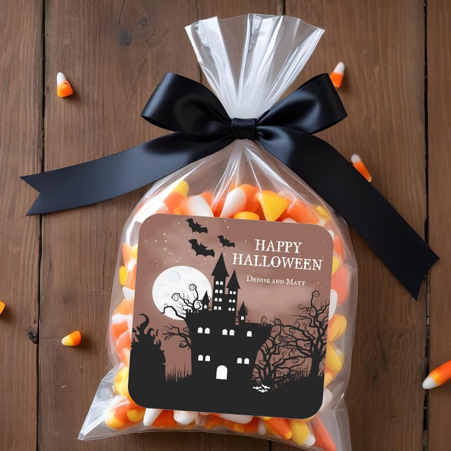 Halloween Spuk House Quadratischer Aufkleber (Happy Halloween Haunted Castle Stickers)