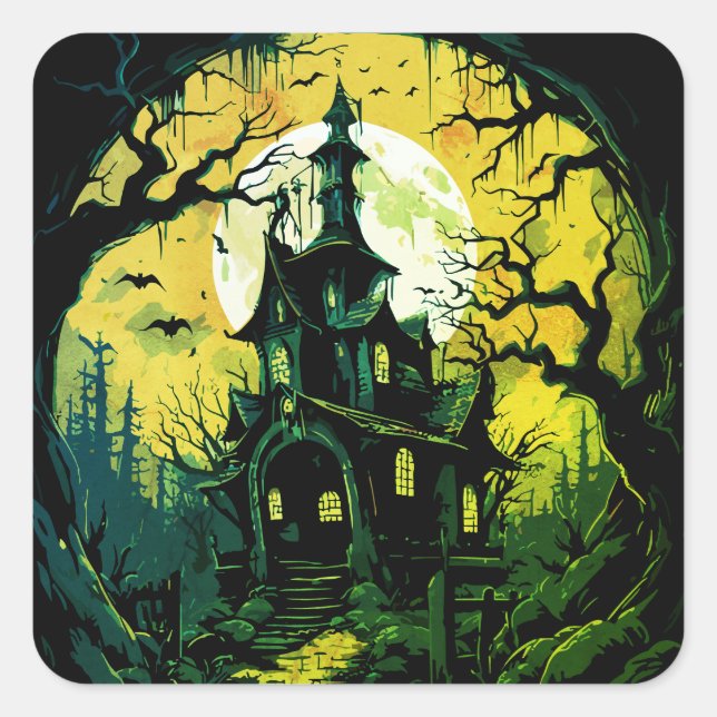 Halloween Spuk House Quadratischer Aufkleber (Vorderseite)