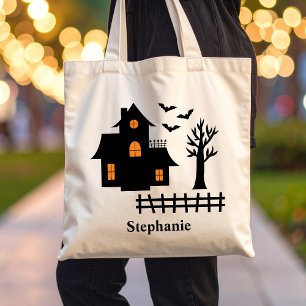 Halloween Spuk House Silhouette und Name Tragetasche