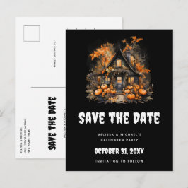 Halloween Spuk House und Pumpkins Save the Date Einladungspostkarte