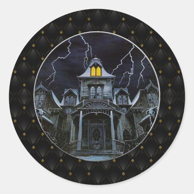 Halloween, Spuk Schwarzes Grenzhaus Runder Aufkleber (Vorderseite)