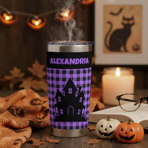 Halloween Spukhaus Lila & Schwarzes Karo Name Thermobecher