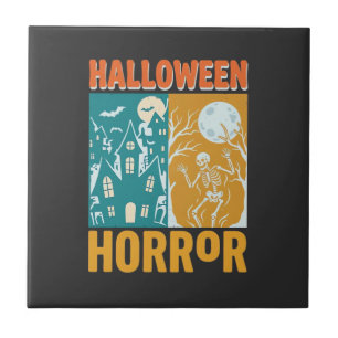 Halloween Spukhaus Mond Skelett Design_1 Fliese