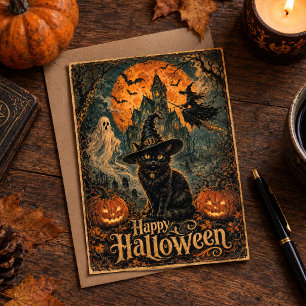 Halloween Spukhaus schwarze Katze Fledermaus Mond Postkarte